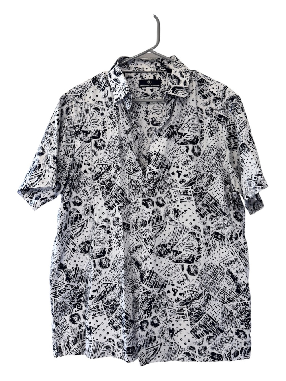HART SCHAFFNER MARX Black White Southwestern Abstract Short Sleeve Mens Shirt L